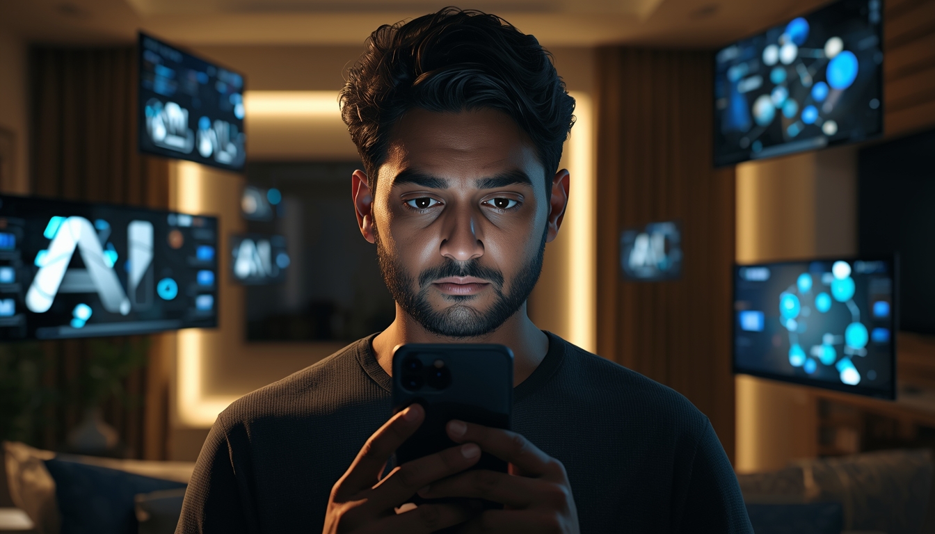 AI से कमाई के बारे में सोचता हुआ भारतीय व्यक्ति, लैपटॉप और मोबाइल के साथ, AI earning की वास्तविक स्थिति दिखाता हुआ